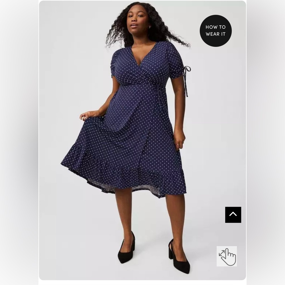 Torrid A-line midi wrap dress navy polka dot size 6